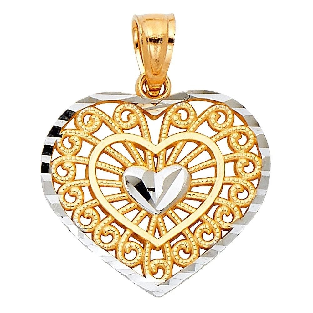 NEW 14K TWO TONE GOLD HEART PENDANT (PT430): NEW 14K TWO TONE GOLD HEART PENDANT (PT430) HEART PENDANT (PT430) NEW 14K TWO TONE GOLD Height : 15 mm Width : 17 mm Apx. WEIGHT : 0.8g