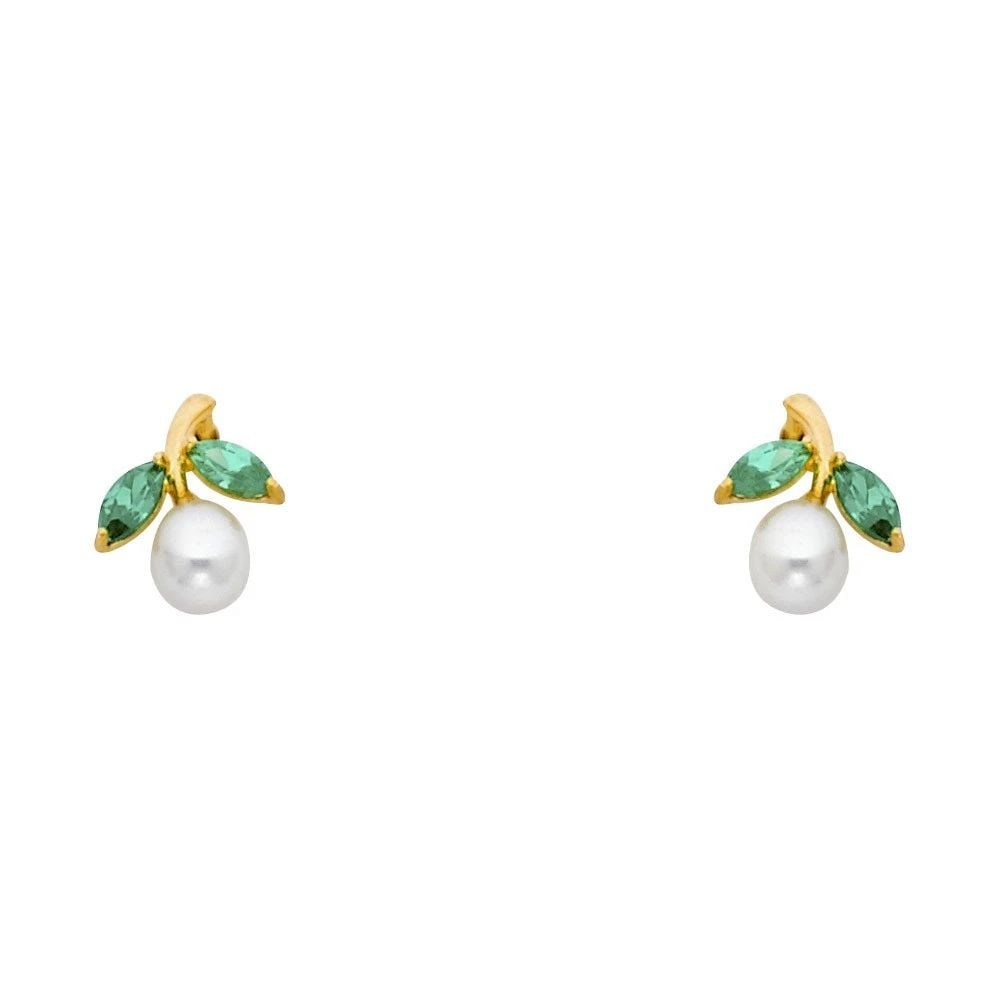 NEW 14K YELLOW GOLD PEARL+GREEN BRANCH STUD EARRINGS: NEW 14K YELLOW GOLD PEARL+GREEN BRANCH STUD EARRINGS PEARL+GREEN BRANCH STUD EARRINGS NEW 14K YELLOW GOLD