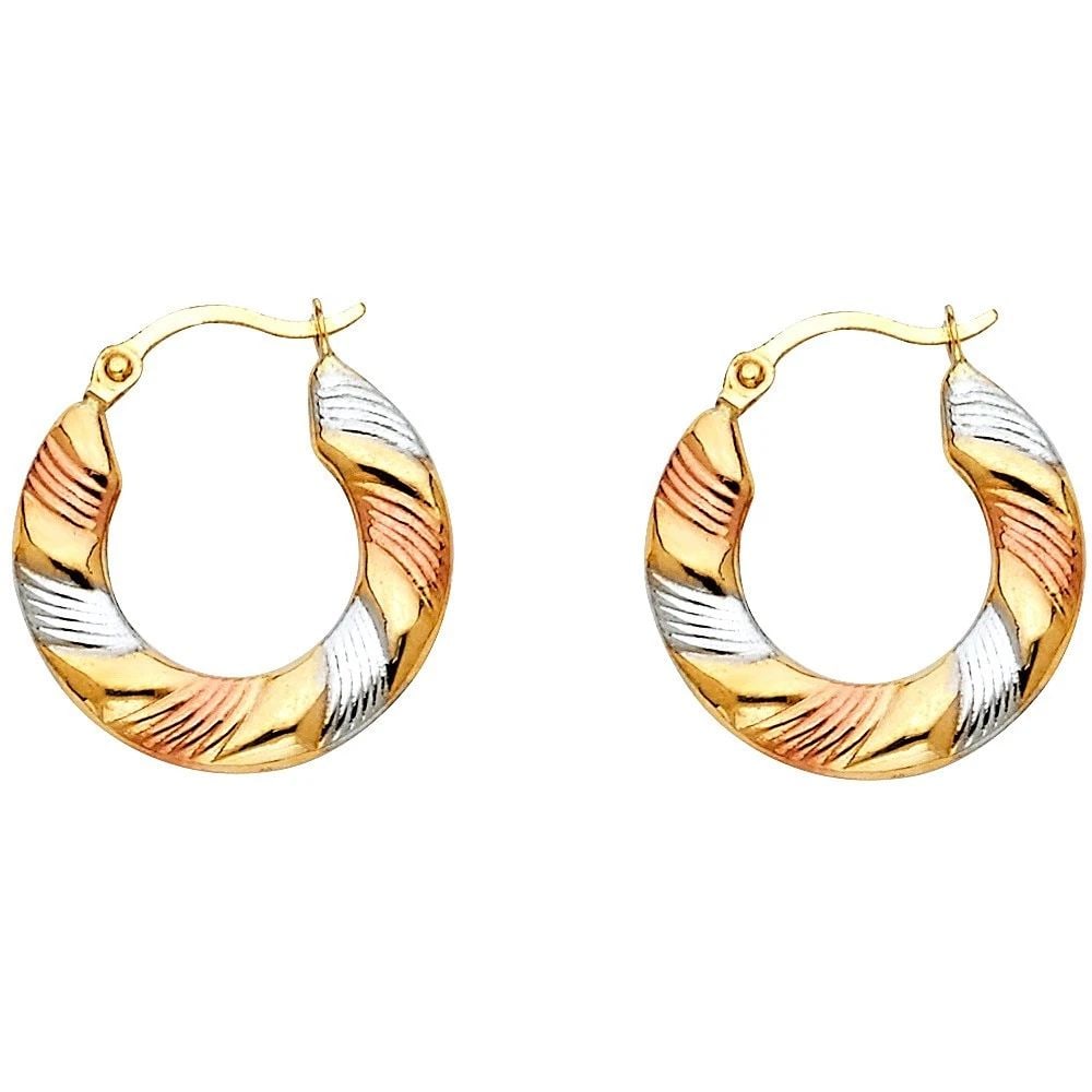 NEW 14K TRI COLOR GOLD FANCY HOLLOW HOOP EARRINGS: NEW 14K TRI COLOR GOLD FANCY HOLLOW HOOP EARRINGS FANCY HOLLOW HOOP EARRINGS NEW 14K TRI COLOR GOLD HEIGHT - 17 mm WIDTH - 17 mm Apx WEIGHT - 0.6 g