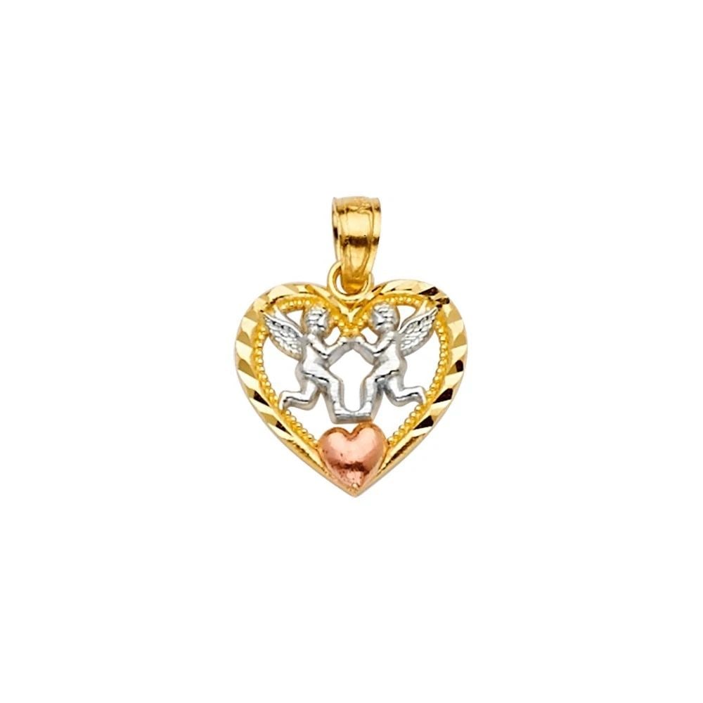 NEW 14K TRI COLOR GOLD HEART PENDANT WITH ANGELES: NEW 14K TRI COLOR GOLD HEART PENDANT WITH ANGELES HEART PENDANT WITH ANGELES NEW 14K TRI COLOR GOLD Height : 17 mm Width : 13 mm Apx. WEIGHT : 0.8g