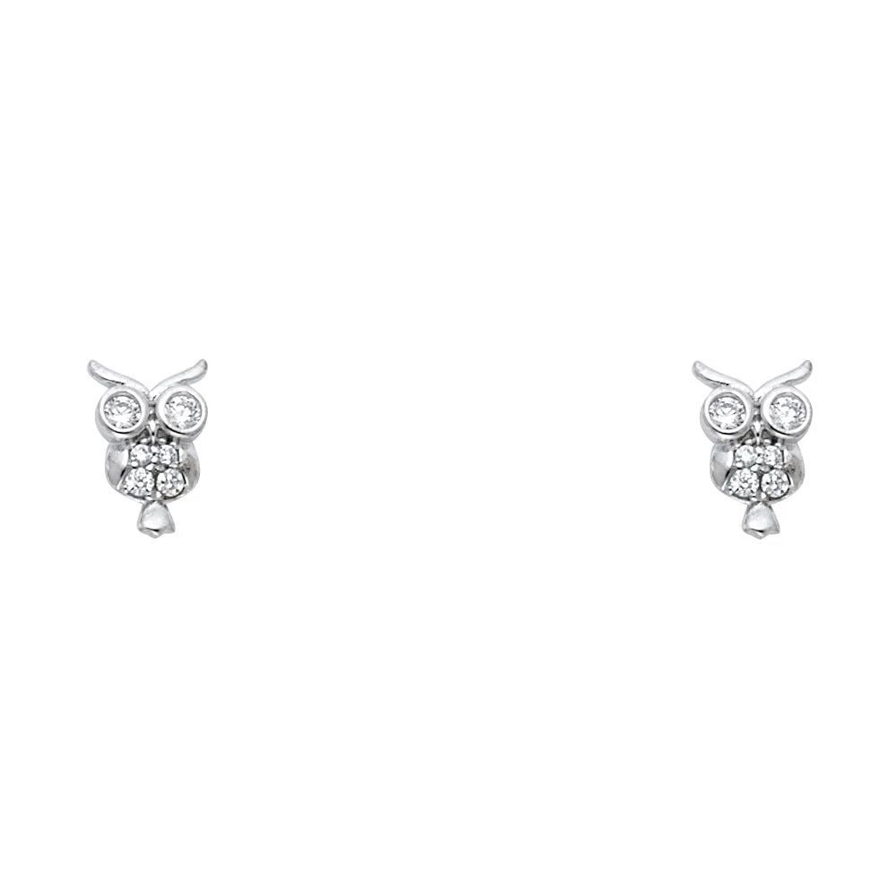 NEW 14K WHITE GOLD OWL STUD EARRINGS WITH SCREW BACK (1 of 2)
