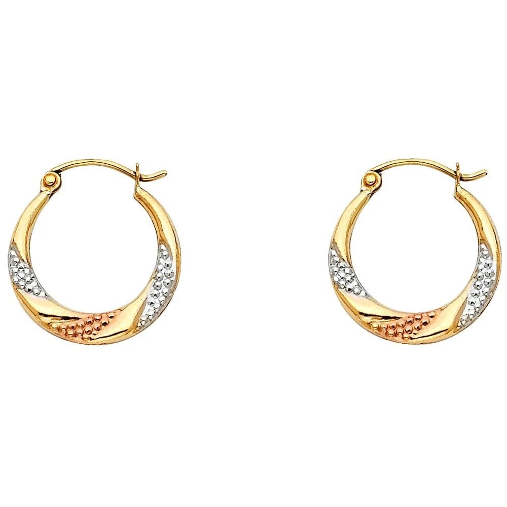 NEW 14K TRI COLOR GOLD FANCY HOLLOW HOOP EARRINGS (1 of 2)