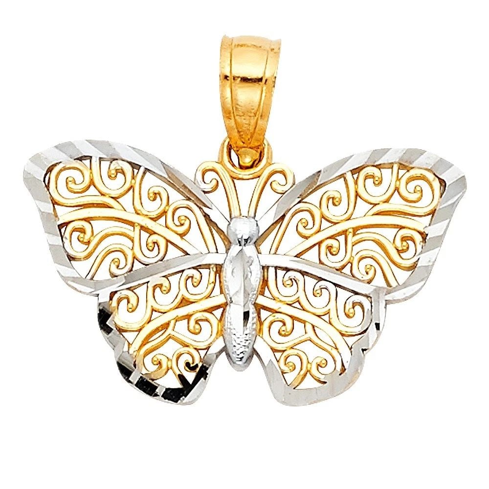 NEW 14K TWO TONE GOLD BUTTERFLY PENDANT (PT433): NEW 14K TWO TONE GOLD BUTTERFLY PENDANT (PT433) BUTTERFLY PENDANT (PT433) NEW 14K TWO TONE GOLD Height : 13 mm Width : 20 mm Apx. WEIGHT : 0.8g