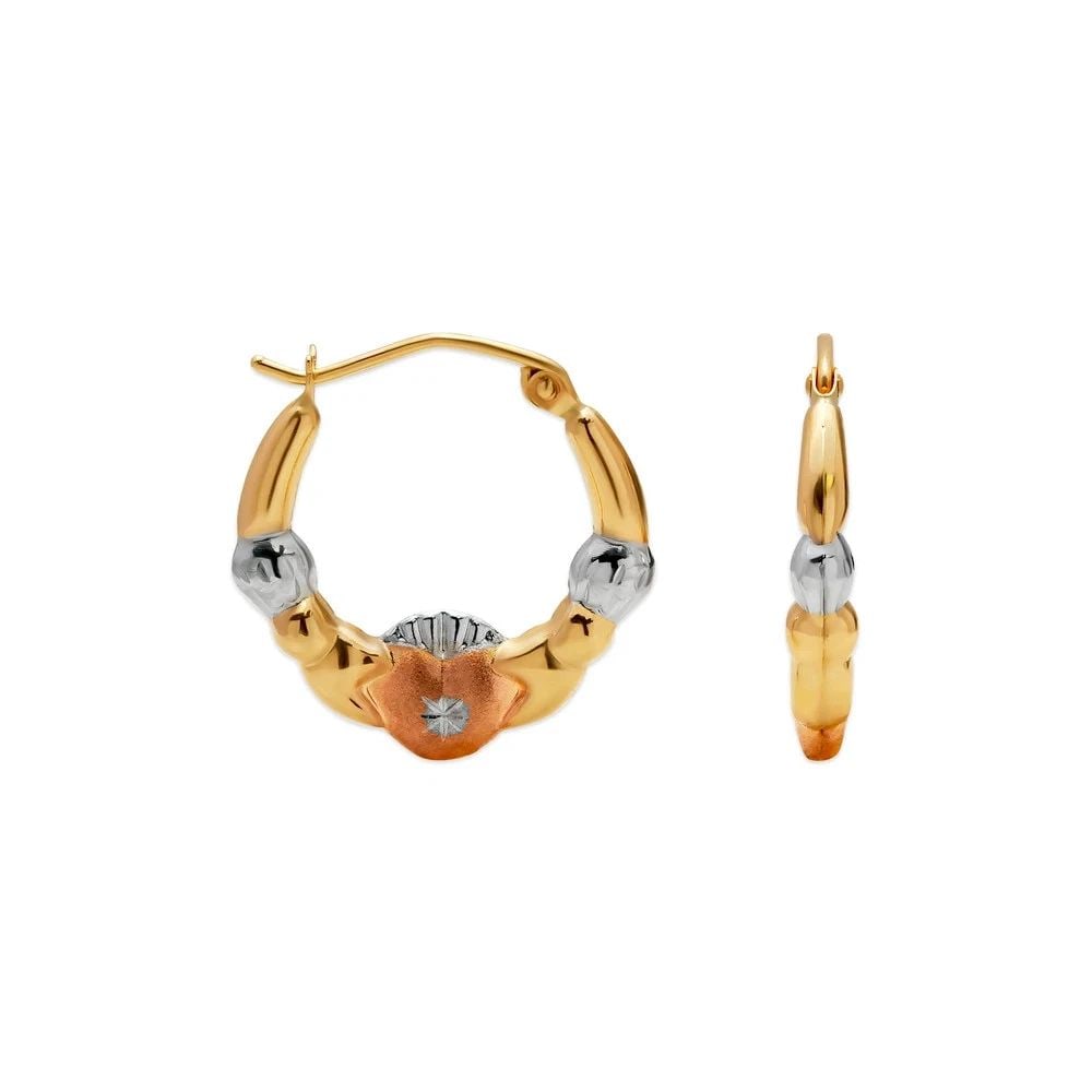 NEW 14K TRICOLOR GOLD HOLLOW BABY SHRIMP HOOP EARRINGS: NEW 14K TRICOLOR GOLD HOLLOW BABY SHRIMP HOOP EARRINGS HOLLOW BABY SHRIMP HOOP EARRINGS NEW 14K TRICOLOR GOLD Width: Approx. 20mm Apx WEIGHT: 0.8g