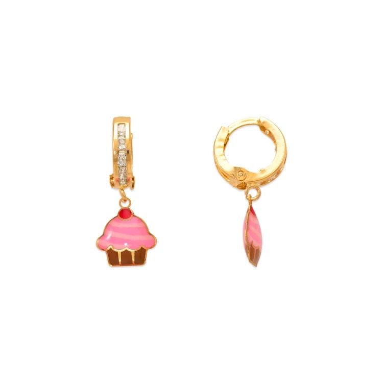 NEW 14K YELLOW GOLD CUPCAKE ENAMEL HUGGIE EARRINGS (1 of 2)
