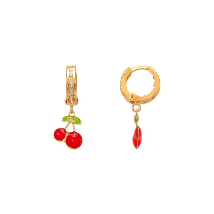 NEW 14K YELLOW GOLD CHERRIES ENAMEL HUGGIE EARRINGS (1 of 2)