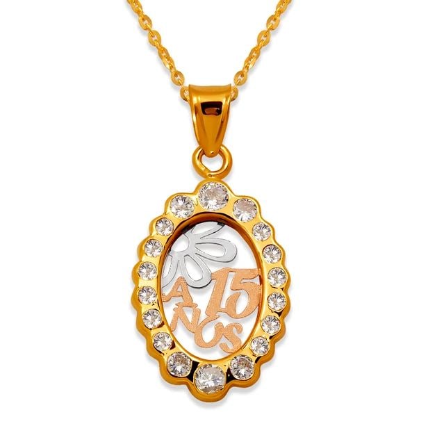 NEW 14K TRICOLOR GOLD 15 ANOS PENDANT: NEW 14K TRICOLOR GOLD 15 ANOS PENDANT15 ANOS PENDANTNEW 14KTRICOLOR GOLDApx. WIDTH: 13x18mmApx WEIGHT: 0.8g