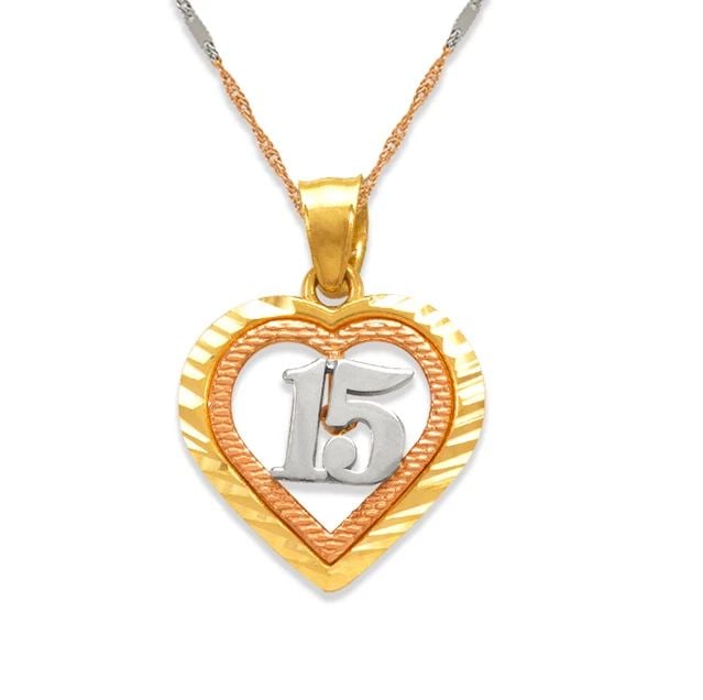NEW 14K TRICOLOR GOLD 15 ANOS HEART PENDANT: NEW 14K TRICOLOR GOLD 15 ANOS HEART PENDANT15 ANOS HEART PENDANTNEW 14KTRICOLOR GOLDApx. WIDTH: 14x14mmApx WEIGHT: 0.8g