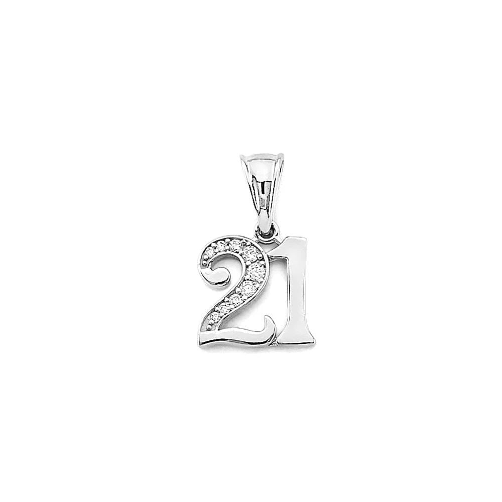 NEW 14K WHITE GOLD 21 YEARS PENDANT: NEW 14K WHITE GOLD 21 YEARS PENDANT21 YEARS PENDANTNEW 14KWHITE GOLDHeight : 15 mmWidth : 10 mmApx. WEIGHT : 0.7g