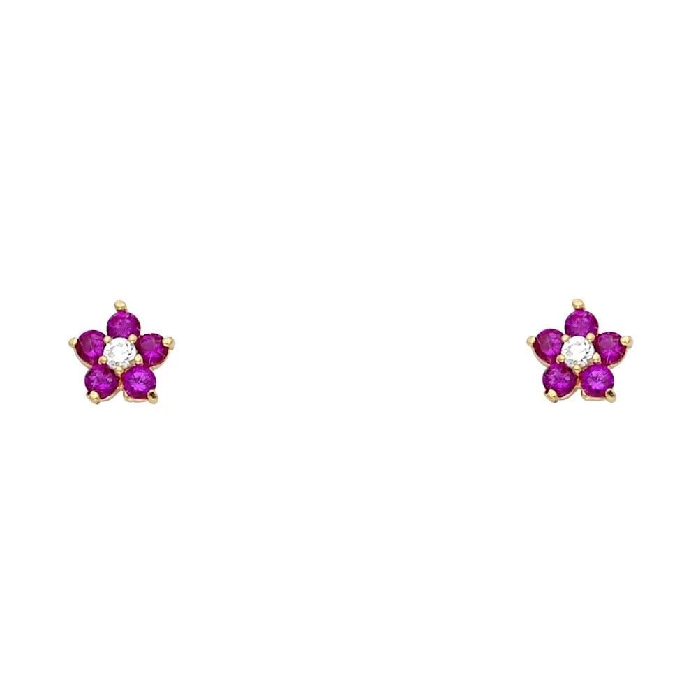 NEW 14K YELLOW GOLD 5 LEAF FLOWER RED STUD EARRINGS (1 of 2)