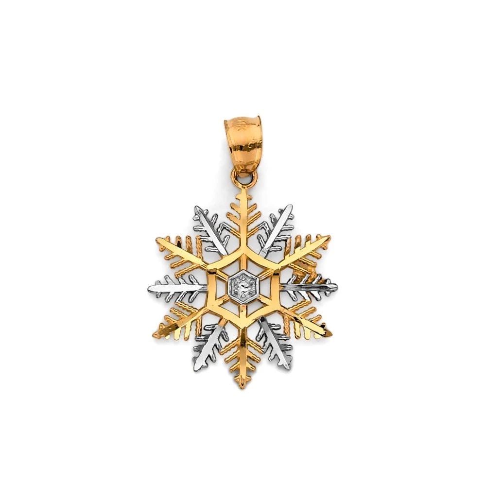 NEW 14K TWO TONE GOLD SNOWFLAKES PENDANT: NEW 14K TWO TONE GOLD SNOWFLAKES PENDANTSNOWFLAKES PENDANTNEW 14KTWO TONE GOLDHeight : 22 mmWidth : 15 mmApx. WEIGHT : 0.7g