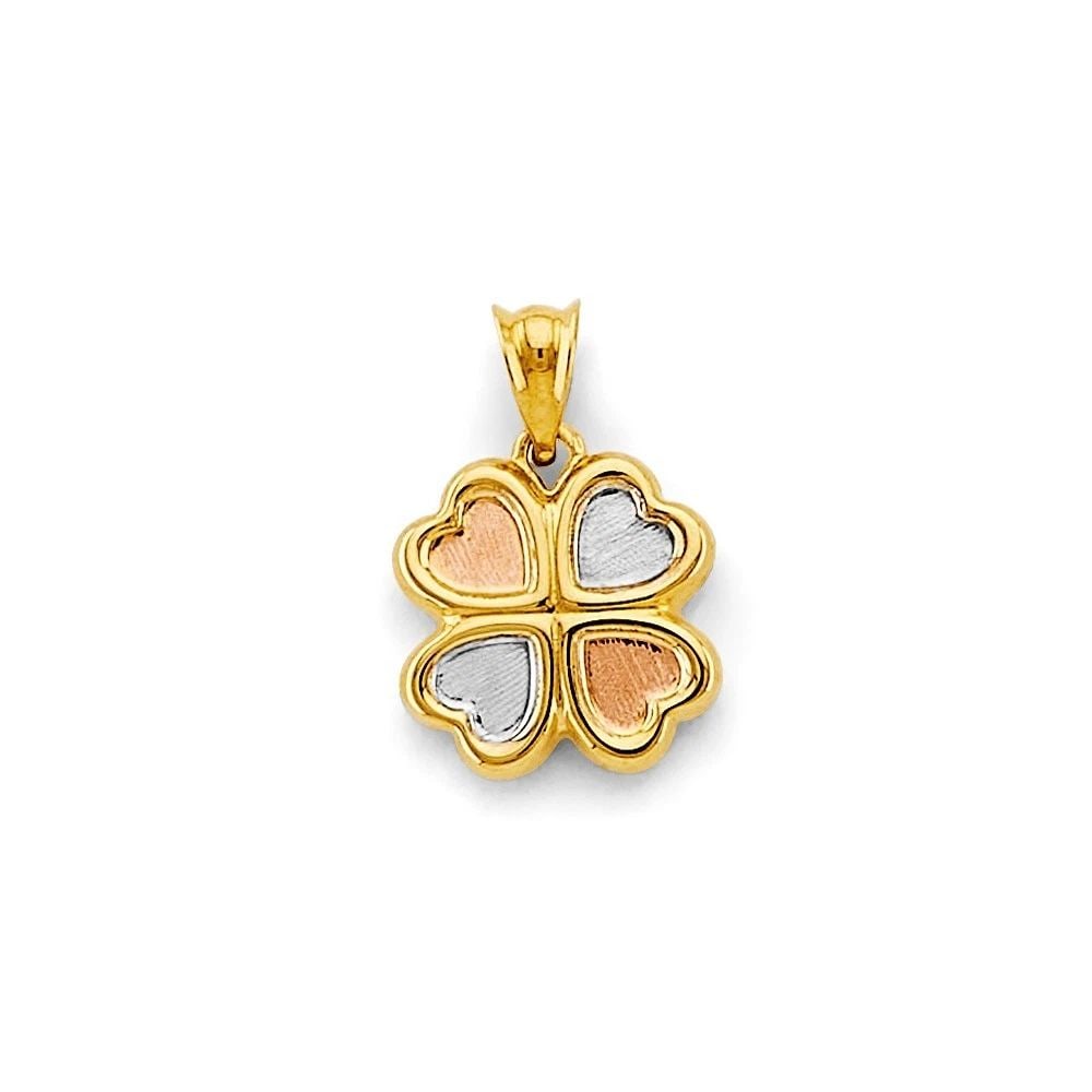 NEW 14K TRI COLOR GOLD HEART CLOVER PENDANT: NEW 14K TRI COLOR GOLD HEART CLOVER PENDANTHEART CLOVER PENDANTNEW 14KTRI COLOR GOLDHeight : 18 mmWidth : 13 mmApx. WEIGHT : 0.7g