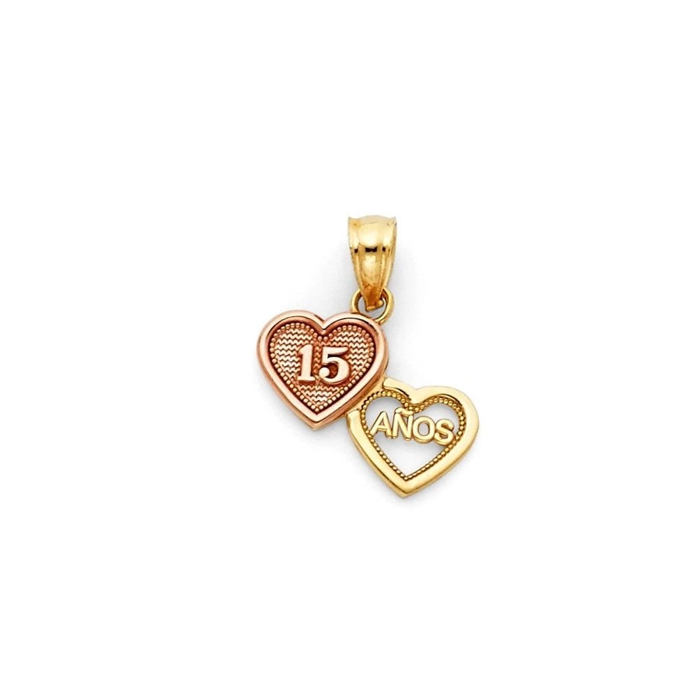 NEW 14K TWO TONE GOLD 15 YEARS HEART PENDANT: NEW 14K TWO TONE GOLD 15 YEARS HEART PENDANT15 YEARS HEART PENDANTNEW 14KTWO TONE GOLDHeight : 10 mmWidth : 13 mmApx. WEIGHT : 0.7g