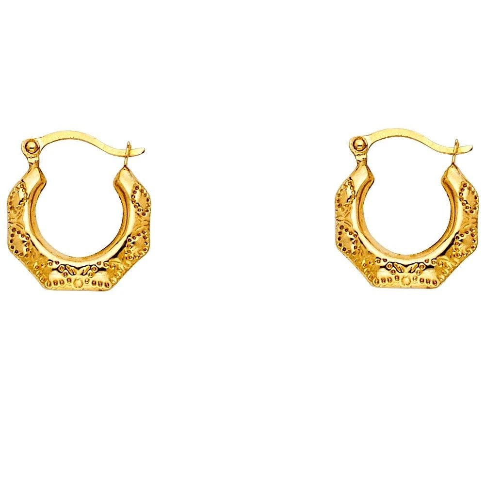 NEW 14K YELLOW GOLD FANCY HOLLOW HOOP EARRINGS: NEW 14K YELLOW GOLD FANCY HOLLOW HOOP EARRINGSFANCY HOLLOW HOOP EARRINGSNEW 14K YELLOW GOLDHEIGHT - 13 mmWIDTH - 13 mmApx WEIGHT - 0.4 g