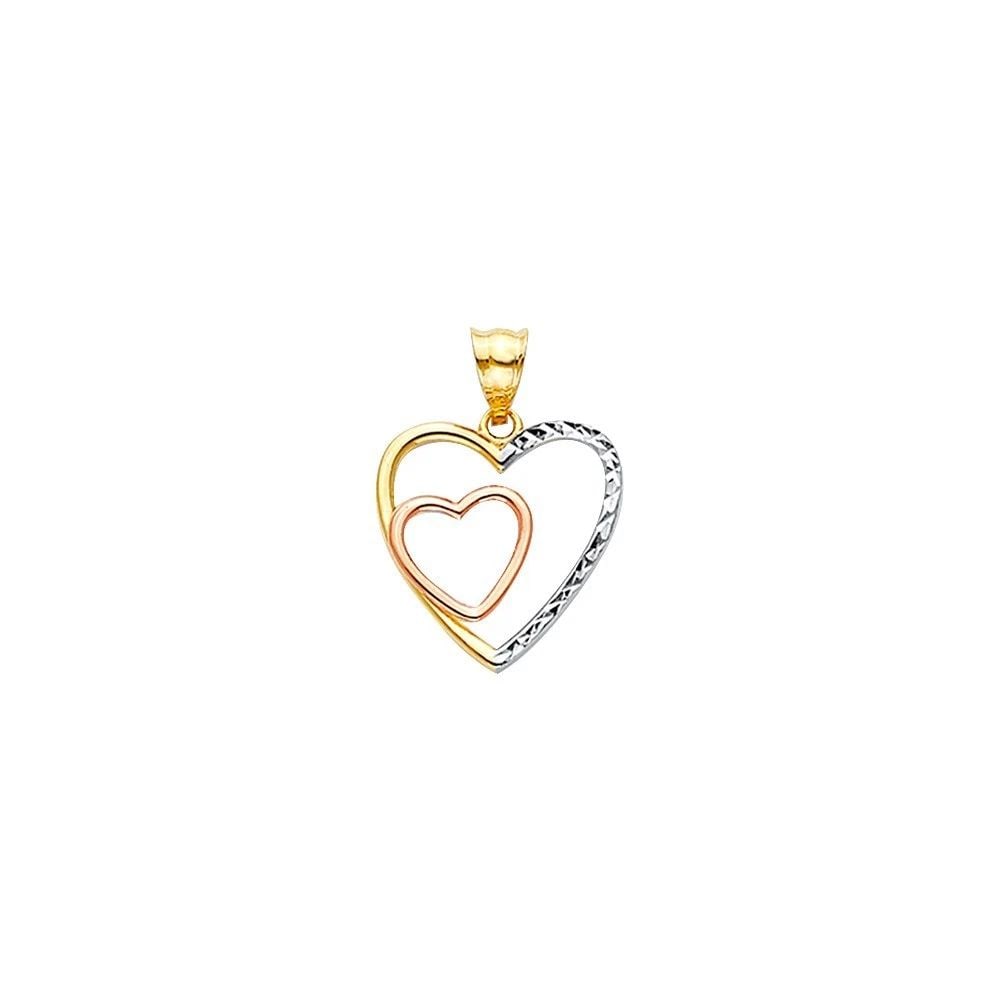 NEW 14K TRI COLOR GOLD DOUBLE HEART DC PENDANT: NEW 14K TRI COLOR GOLD DOUBLE HEART DC PENDANTDOUBLE HEART DC PENDANTNEW 14KTRI COLOR GOLDHeight : 20 mmWidth : 15 mmApx. WEIGHT : 0.7g
