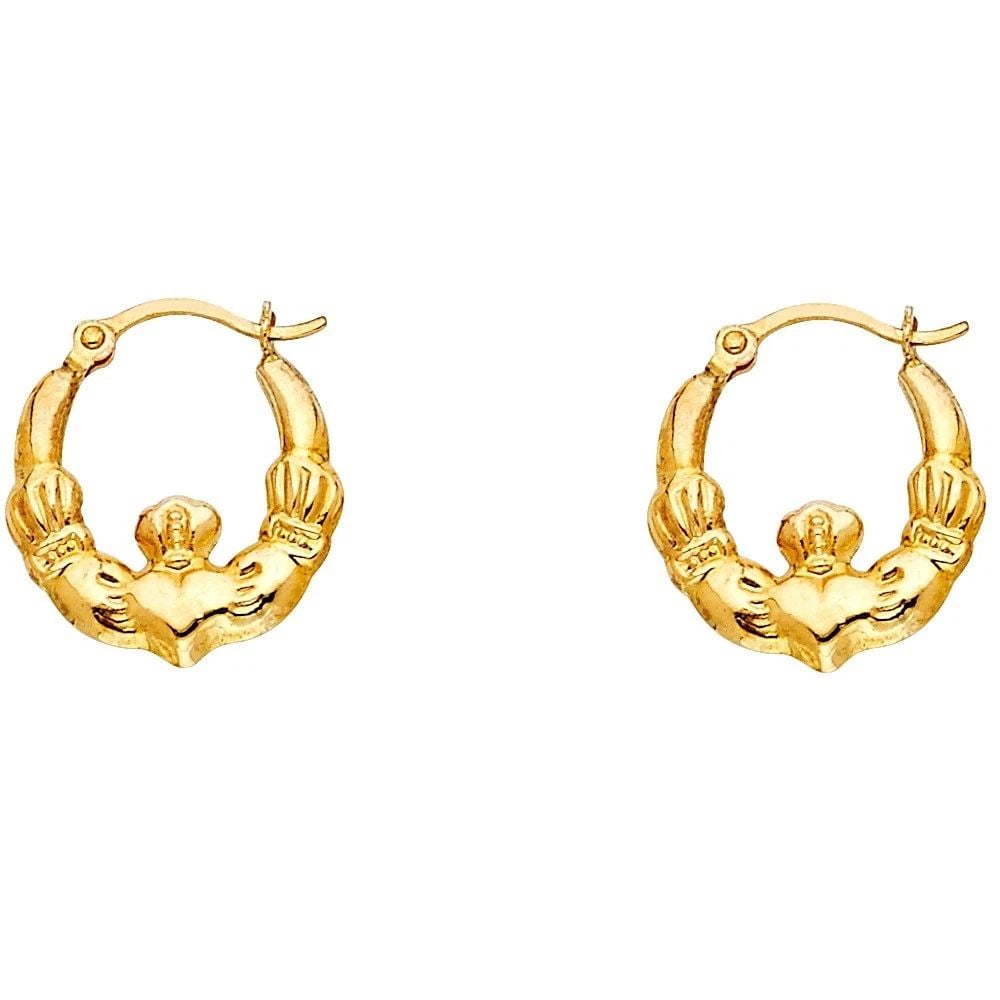 NEW 14K YELLOW GOLD CLADDAGH HOLLOW HOOP EARRINGS: NEW 14K YELLOW GOLD CLADDAGH HOLLOW HOOP EARRINGSCLADDAGH HOLLOW HOOP EARRINGSNEW 14K YELLOW GOLDHEIGHT - 12 mmWIDTH - 12 mmApx WEIGHT - 0.5 g