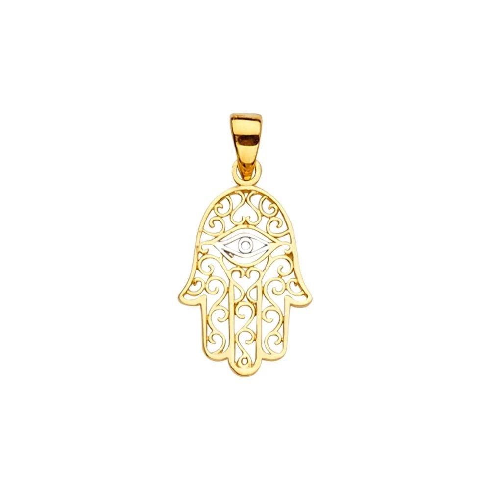 NEW 14K TWO TONE GOLD HAMSA PENDANT: NEW 14K TWO TONE GOLD HAMSA PENDANTHAMSA PENDANTNEW 14KTWO TONE GOLDHeight : 21 mmWidth : 11 mmApx. WEIGHT : 0.7g
