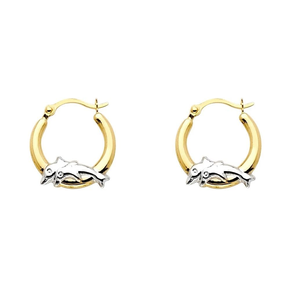 NEW 14K TWO TONE GOLD DOLPHIN HOOP EARRINGS (1 of 2)