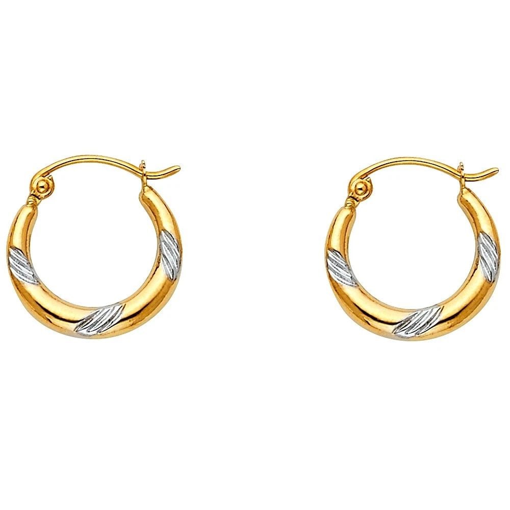NEW 14K TWO TONE GOLD FANCY HOLLOW HOOP EARRINGS: NEW 14K TWO TONE GOLD FANCY HOLLOW HOOP EARRINGSFANCY HOLLOW HOOP EARRINGSNEW 14KTWO TONE GOLDHeight : 15 mmWidth : 15 mmWeight : 0.5g