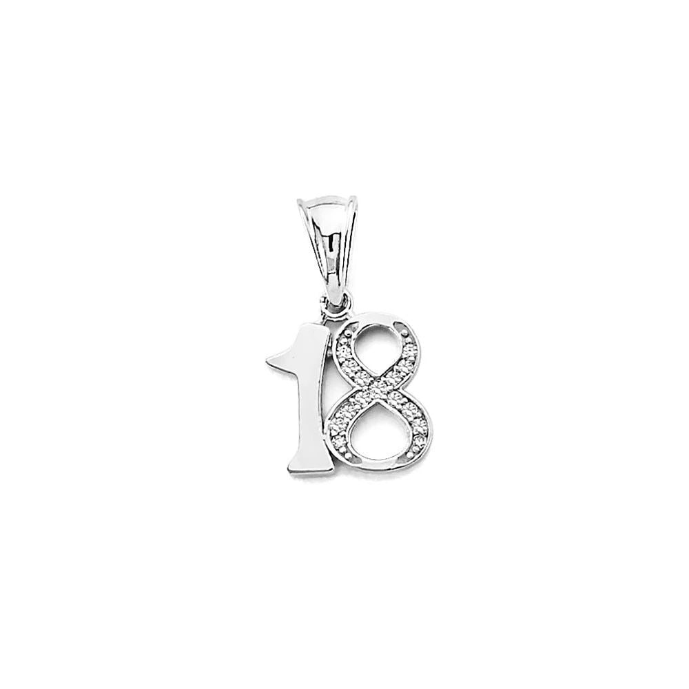 NEW 14K WHITE GOLD 18 YEARS PENDANT: NEW 14K WHITE GOLD 18 YEARS PENDANT18 YEARS PENDANTNEW 14KWHITE GOLDHeight : 15 mmWidth : 10 mmApx. WEIGHT : 0.7g