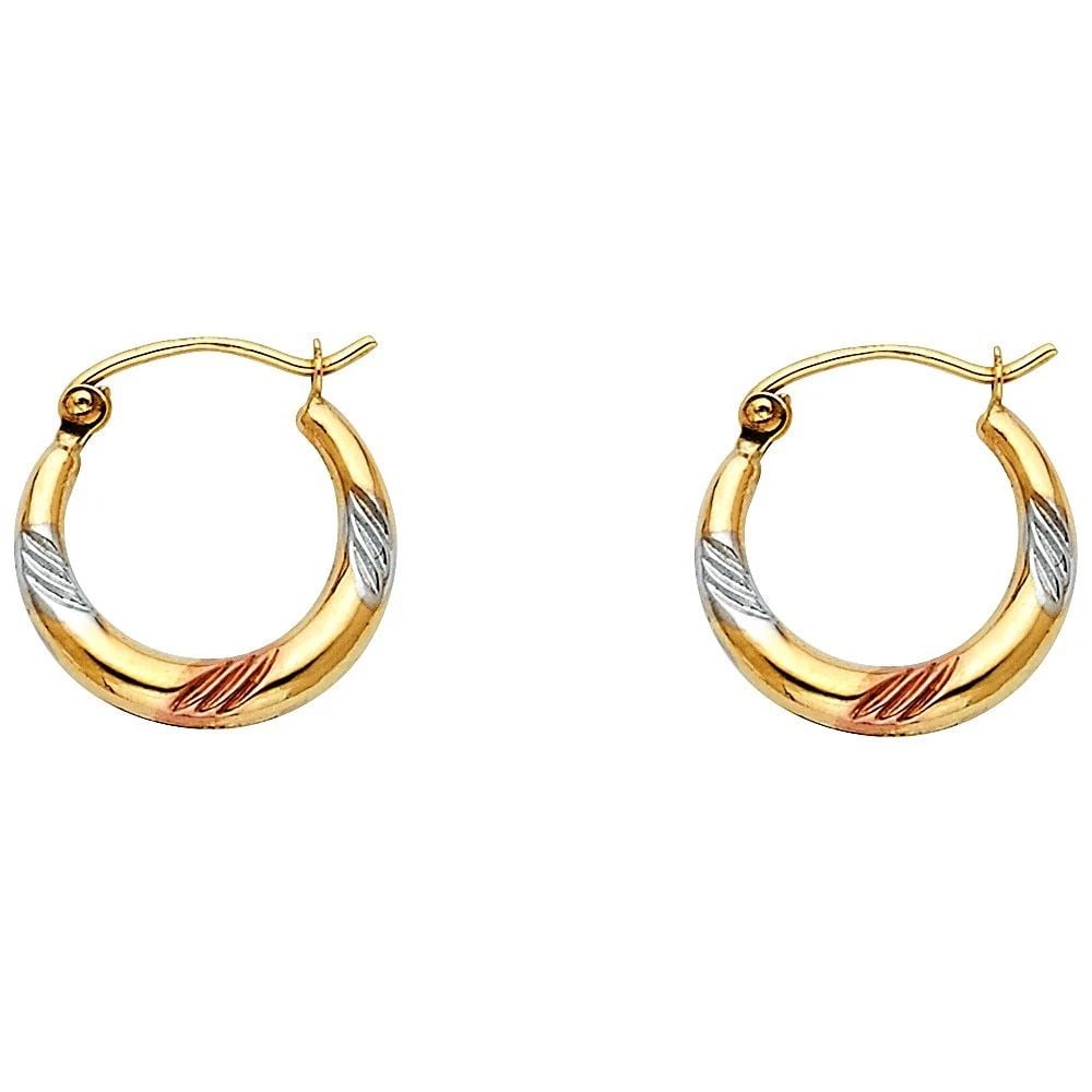 NEW 14K TRI COLOR GOLD FANCY HOLLOW HOOP EARRINGS: NEW 14K TRI COLOR GOLD FANCY HOLLOW HOOP EARRINGSFANCY HOLLOW HOOP EARRINGSNEW 14KTRI COLOR GOLDHEIGHT - 15 mmWIDTH - 15 mmApx WEIGHT - 0.5 g