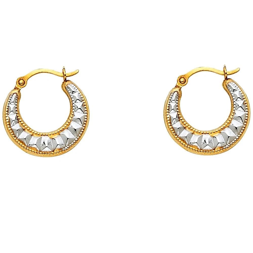 NEW 14K TWO TONE GOLD FANCY HOLLOW HOOP EARRINGS: NEW 14K TWO TONE GOLD FANCY HOLLOW HOOP EARRINGSFANCY HOLLOW HOOP EARRINGSNEW 14KTWO TONE GOLDHeight : 15 mmWidth : 15 mmWeight : 0.5g