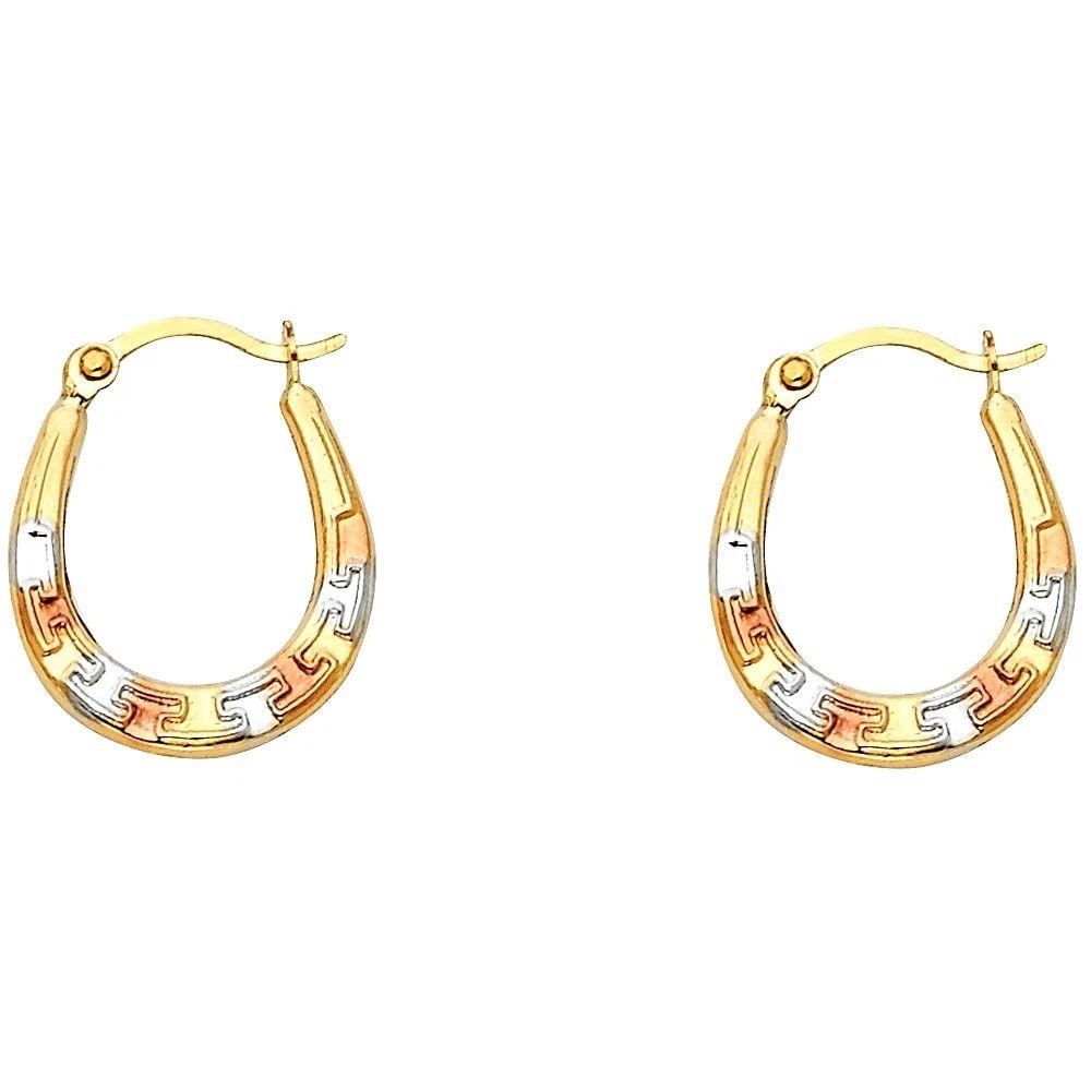 NEW 14K TRI COLOR GOLD FANCY HOLLOW HOOP EARRINGS: NEW 14K TRI COLOR GOLD FANCY HOLLOW HOOP EARRINGSFANCY HOLLOW HOOP EARRINGSNEW 14KTRI COLOR GOLDHEIGHT - 17 mmWIDTH - 14 mmApx WEIGHT - 0.5 g