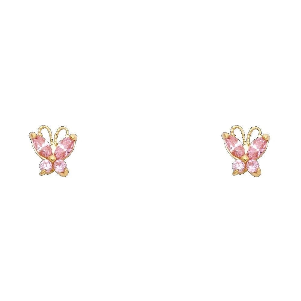 NEW 14K YELLOW GOLD BUTTERFLY PINK STUD EARRINGS: NEW 14K YELLOW GOLD BUTTERFLY PINK STUD EARRINGSBUTTERFLY PINK STUD EARRINGSNEW 14KYELLOW GOLD