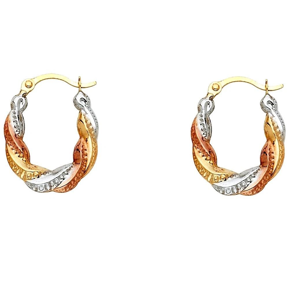 NEW 14K TRI COLOR GOLD FANCY HOLLOW HOOP EARRINGS: NEW 14K TRI COLOR GOLD FANCY HOLLOW HOOP EARRINGSFANCY HOLLOW HOOP EARRINGSNEW 14KTRI COLOR GOLDHEIGHT - 17 mmWIDTH - 14 mmApx WEIGHT - 0.5 g