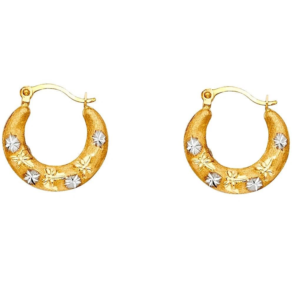 NEW 14K TWO TONE GOLD FANCY HOLLOW HOOP EARRINGS: NEW 14K TWO TONE GOLD FANCY HOLLOW HOOP EARRINGSFANCY HOLLOW HOOP EARRINGSNEW 14KTWO TONE GOLDHeight : 15 mmWidth : 15 mmWeight : 0.5g