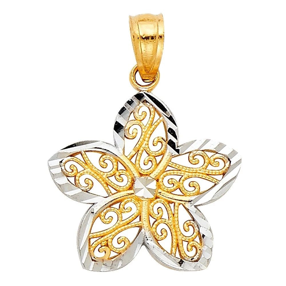 NEW 14K TWO TONE GOLD FLOWER PENDANT: NEW 14K TWO TONE GOLD FLOWER PENDANT (PT432)FLOWER PENDANT (PT432)NEW 14KTWO TONE GOLDHeight : 17 mmWidth : 18 mmApx. WEIGHT : 0.7g