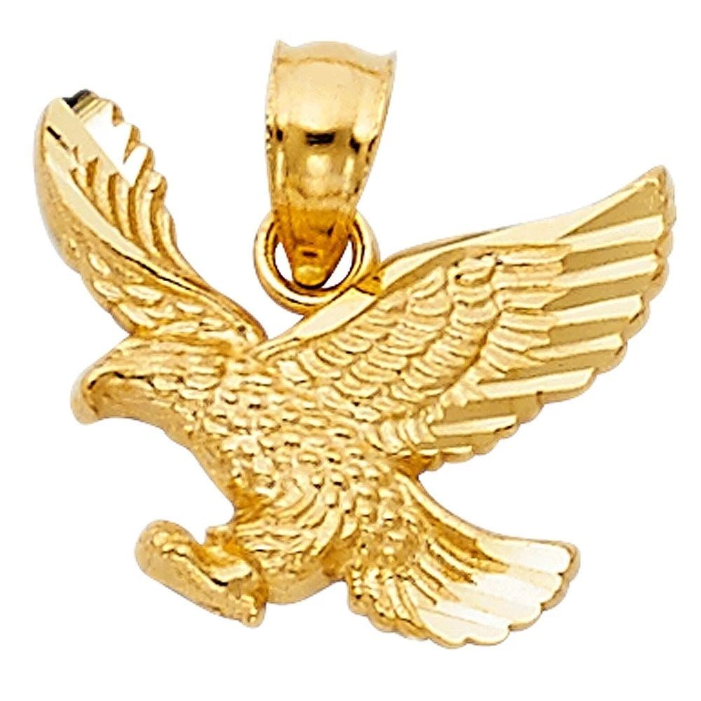 NEW 14K YELLOW GOLD EAGLE PENDANT: NEW 14K YELLOW GOLD EAGLE PENDANTEAGLE PENDANTNEW 14KYELLOW GOLDHeight : 13 mmWidth : 15 mmApx. WEIGHT : 0.7g