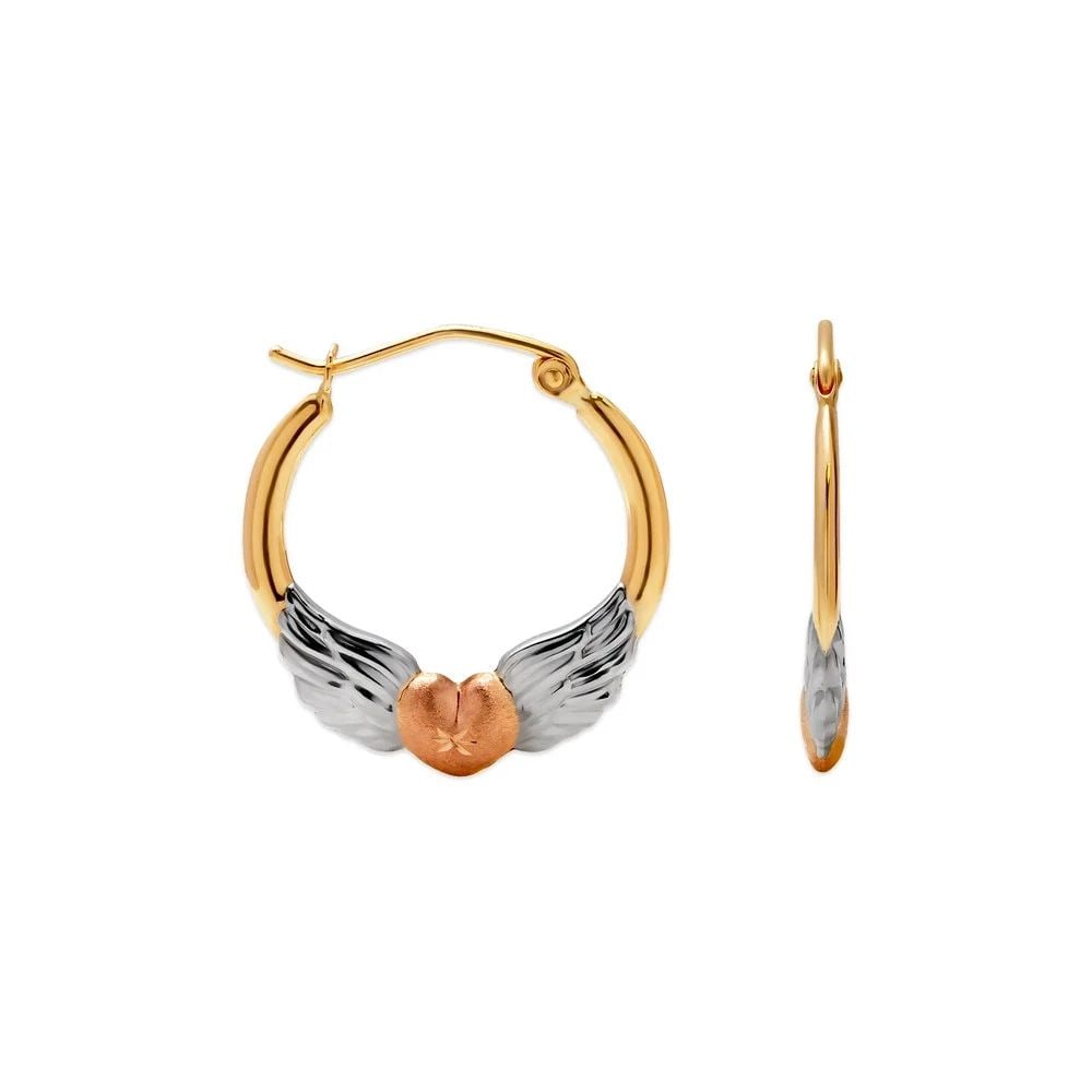 NEW 14K TRICOLOR GOLD HOLLOW BABY SHRIMP HOOP EARRINGS: NEW 14K TRICOLOR GOLD HOLLOW BABY SHRIMP HOOP EARRINGSHOLLOW BABY SHRIMP HOOP EARRINGSNEW 14KTRICOLOR GOLDWidth: Approx. 22mmApx WEIGHT: 0.7g