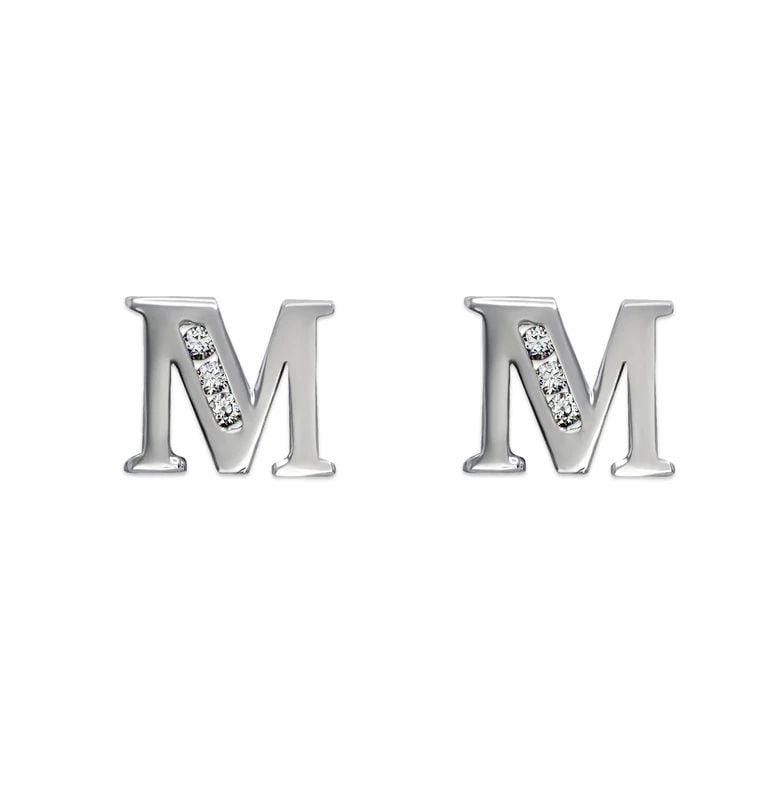 NEW 14K WHITE GOLD INITIAL "M" STUD EARRINGS (1 of 2)