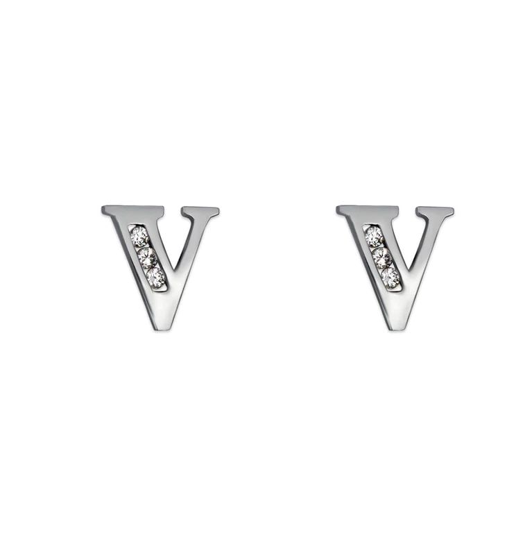NEW 14K WHITE GOLD INITIAL "V" STUD EARRINGS: NEW 14K WHITE GOLD INITIAL "V" STUD EARRINGSINITIAL "V" STUD EARRINGSNEW 14KWHITE GOLDWidth: Approx. 6.5x7mmApx WEIGHT: 0.7g