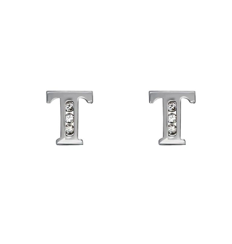 NEW 14K WHITE GOLD INITIAL "T" STUD EARRINGS: NEW 14K WHITE GOLD INITIAL "T" STUD EARRINGSINITIAL "T" STUD EARRINGSNEW 14KWHITE GOLDWidth: Approx. 5.5x7mmApx WEIGHT: 0.7g