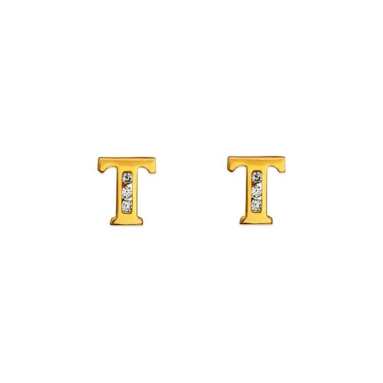 NEW 14K YELLOW GOLD INITIAL "T" STUD EARRINGS (1 of 2)