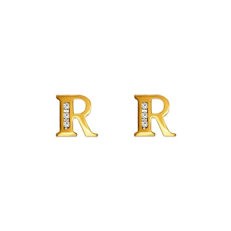 NEW 14K YELLOW GOLD INITIAL "R" STUD EARRINGS (1 of 2)