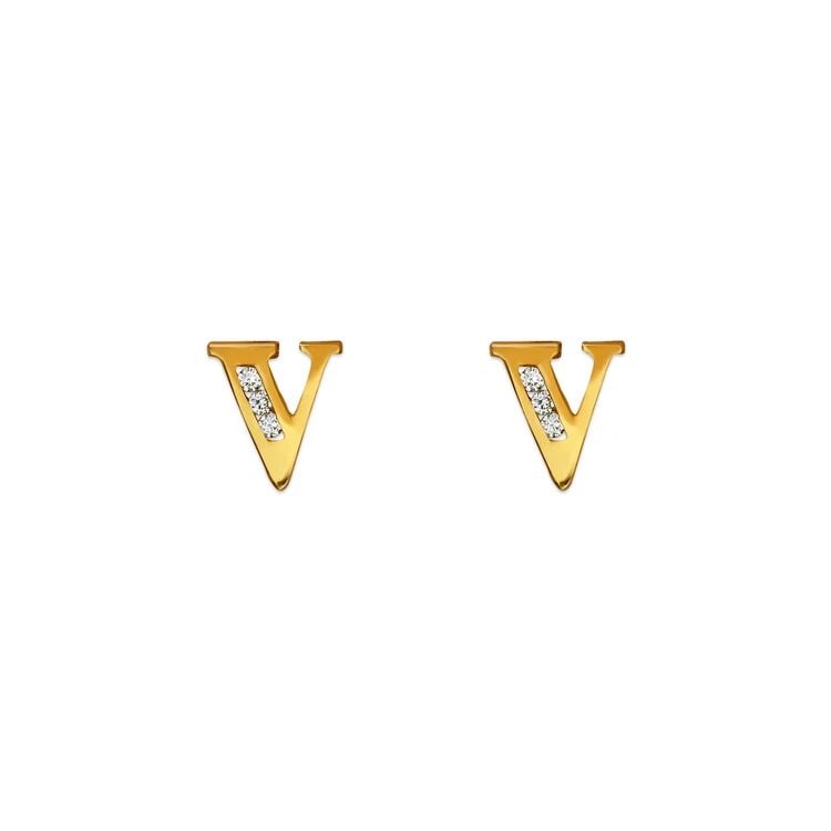 NEW 14K YELLOW GOLD INITIAL "V" STUD EARRINGS: NEW 14K YELLOW GOLD INITIAL "V" STUD EARRINGSINITIAL "V" STUD EARRINGSNEW 14KYELLOW GOLDWidth: Approx. 6.5x7mmApx WEIGHT: 0.7g