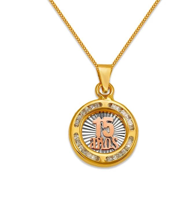 NEW 14K TRICOLOR GOLD MINI ROUND 15 ANOS PENDANT: NEW 14K TRICOLOR GOLD MINI ROUND 15 ANOS PENDANTMINI ROUND 15 ANOS PENDANTNEW 14KTRICOLOR GOLDApx. WIDTH: 11mmApx WEIGHT: 0.7g