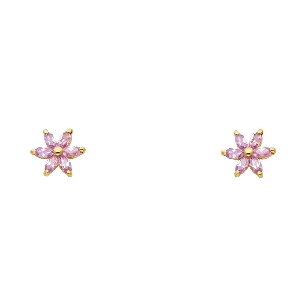 NEW 14K YELLOW GOLD PINK FLOWER STUD EARRINGS (1 of 2)
