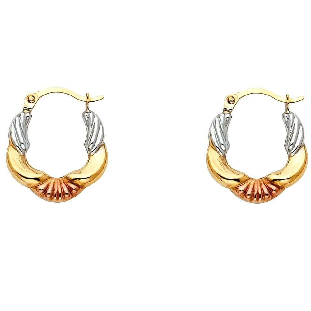 NEW 14K TRI COLOR GOLD FANCY HOLLOW HOOP EARRINGS: NEW 14K TRI COLOR GOLD FANCY HOLLOW HOOP EARRINGSFANCY HOLLOW HOOP EARRINGSNEW 14KTRI COLOR GOLDHEIGHT - 13 mmWIDTH - 13 mmApx WEIGHT - 0.5 g