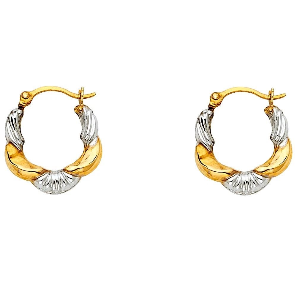 NEW 14K TWO TONE GOLD FANCY HOLLOW HOOP EARRINGS: NEW 14K TWO TONE GOLD FANCY HOLLOW HOOP EARRINGSFANCY HOLLOW HOOP EARRINGSNEW 14KTWO TONE GOLDHeight : 13 mmWidth : 13 mmWeight : 0.5g