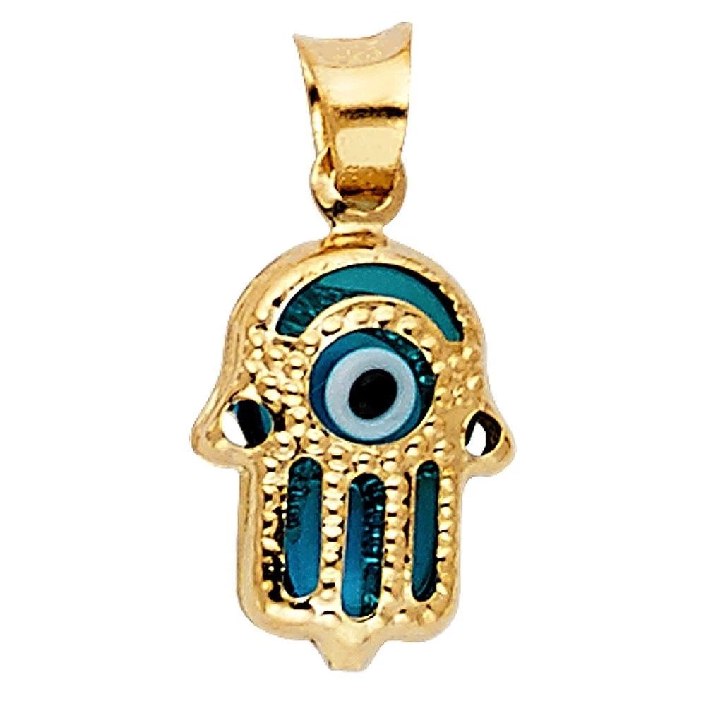 NEW 14K YELLOW GOLD EVIL EYE HAMSA PENDANT: NEW 14K YELLOW GOLD EVIL EYE HAMSA PENDANTEVIL EYE HAMSA PENDANTNEW 14KYELLOW GOLDHeight : 11 mmWidth : 9 mmApx. WEIGHT : 0.6g