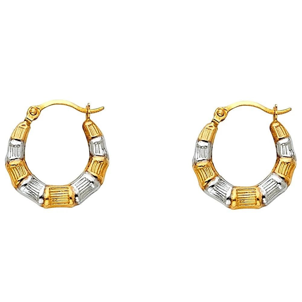 NEW 14K TWO TONE GOLD FANCY HOLLOW HOOP EARRINGS: NEW 14K TWO TONE GOLD FANCY HOLLOW HOOP EARRINGSFANCY HOLLOW HOOP EARRINGSNEW 14KTWO TONE GOLDHeight : 15 mmWidth : 15 mmWeight : 0.5g
