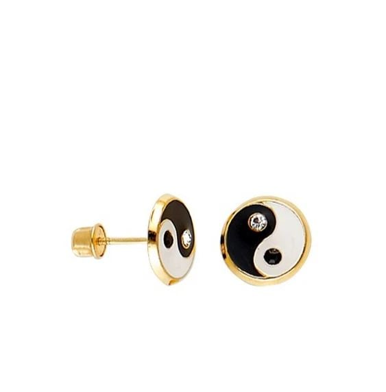 NEW 14K YELLOW GOLD ENAMEL YIN-YANG EARRINGS WITH SCREW BACK (1 of 2)