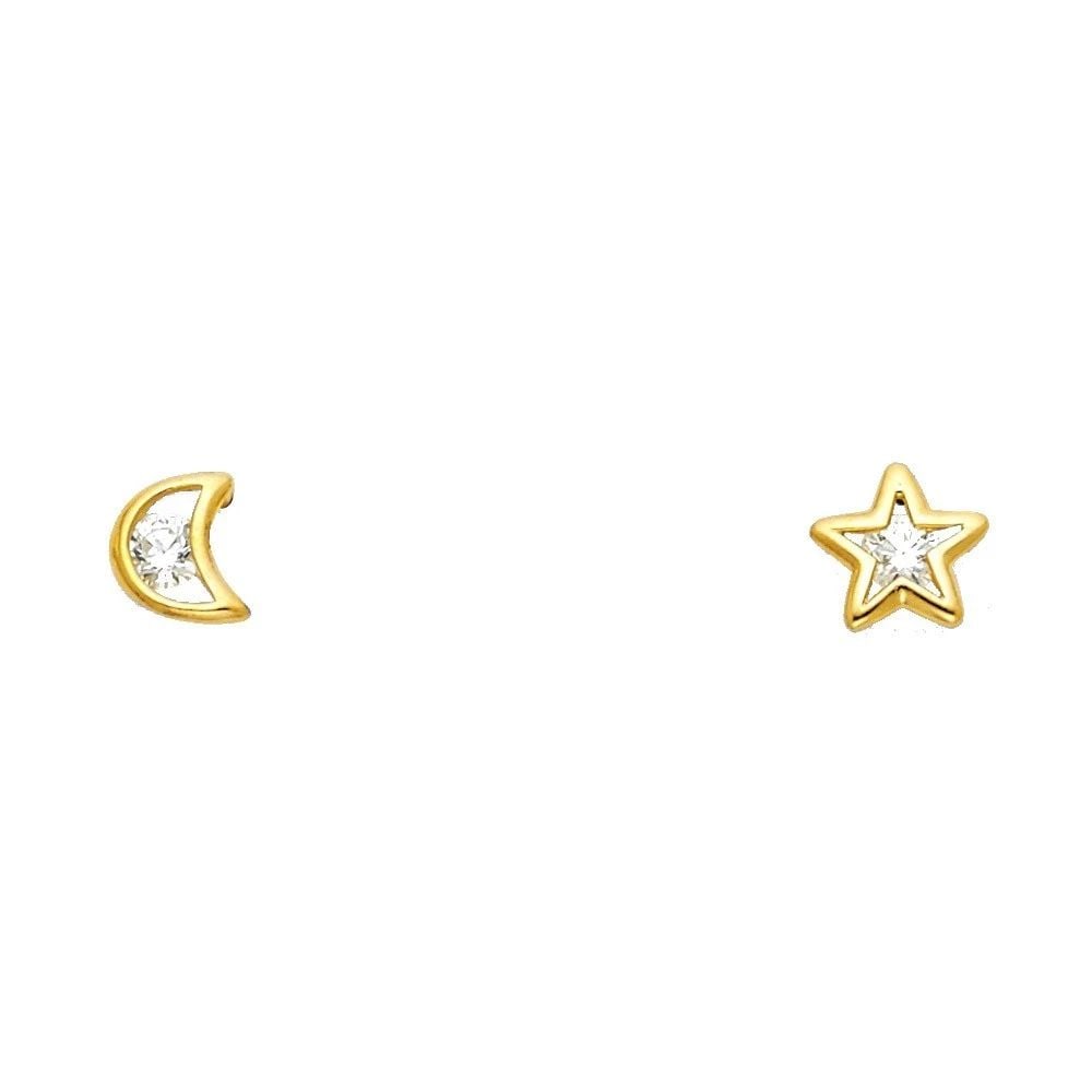 NEW 14K YELLOW GOLD MOON & STAR WHITE STUD EARRINGS: NEW 14K YELLOW GOLD MOON & STAR WHITE STUD EARRINGSMOON & STAR WHITE STUD EARRINGSNEW 14KYELLOW GOLD