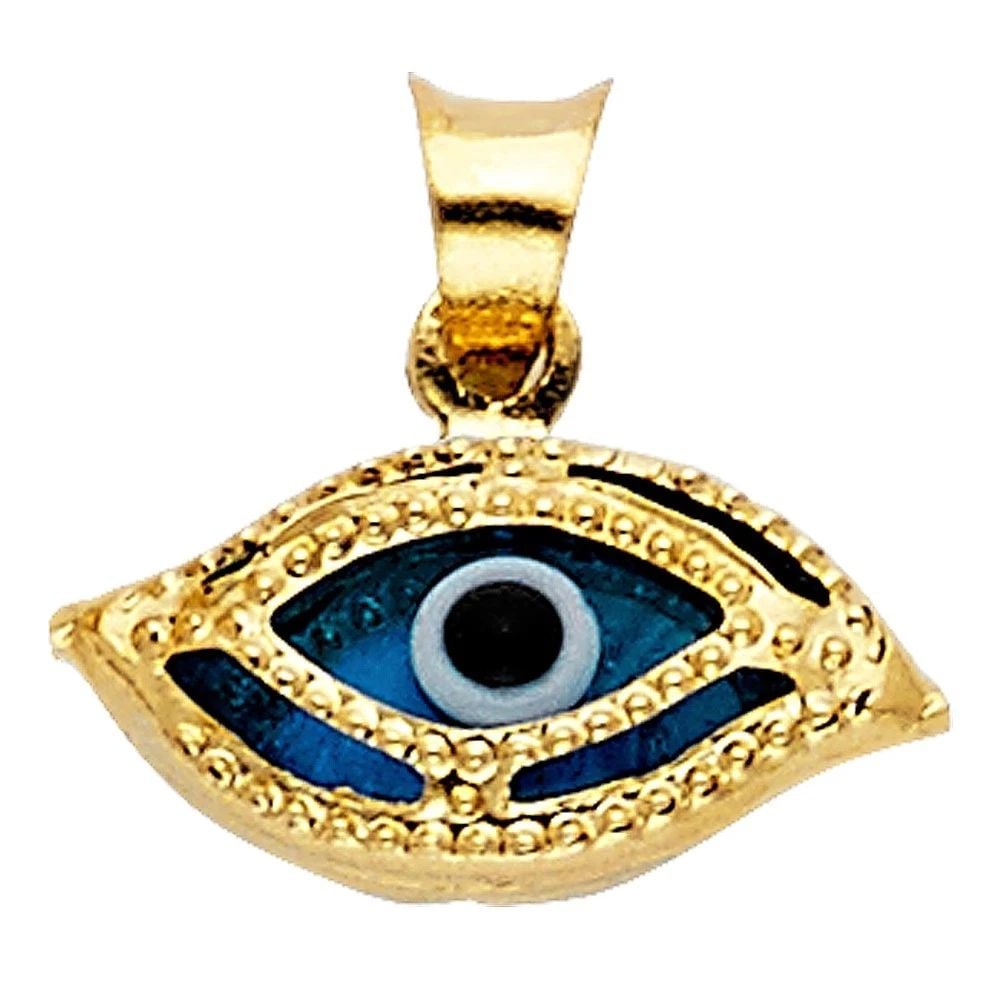 NEW 14K YELLOW GOLD EVIL EYE PENDANT: NEW 14K YELLOW GOLD EVIL EYE PENDANTEVIL EYE PENDANTNEW 14KYELLOW GOLDHeight : 7 mmWidth : 13 mmApx. WEIGHT : 0.6g