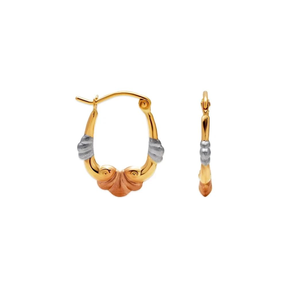 NEW 14K TRICOLOR GOLD HOLLOW BABY SHRIMP HOOP EARRINGS: NEW 14K TRICOLOR GOLD HOLLOW BABY SHRIMP HOOP EARRINGSHOLLOW BABY SHRIMP HOOP EARRINGSNEW 14KTRICOLOR GOLDWidth: Approx. 18mmApx WEIGHT: 0.6g
