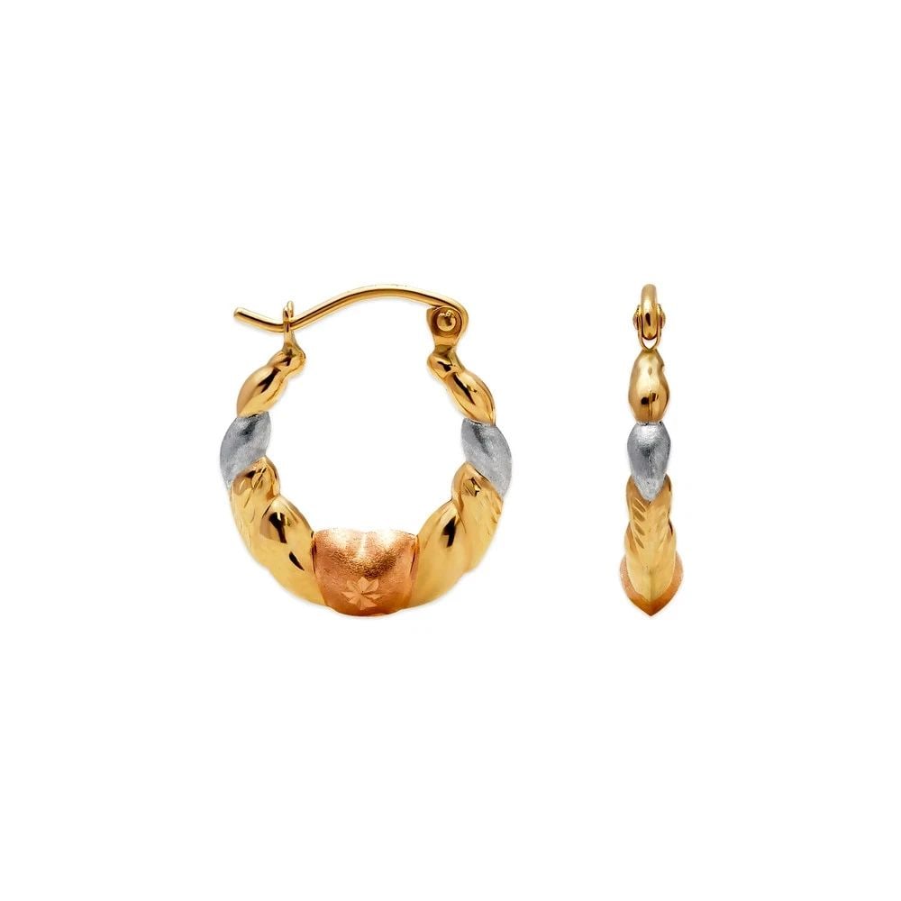 NEW 14K TRICOLOR GOLD HOLLOW BABY SHRIMP HOOP EARRINGS: NEW 14K TRICOLOR GOLD HOLLOW BABY SHRIMP HOOP EARRINGSHOLLOW BABY SHRIMP HOOP EARRINGSNEW 14KTRICOLOR GOLDWidth: Approx. 18mmApx WEIGHT: 0.6g